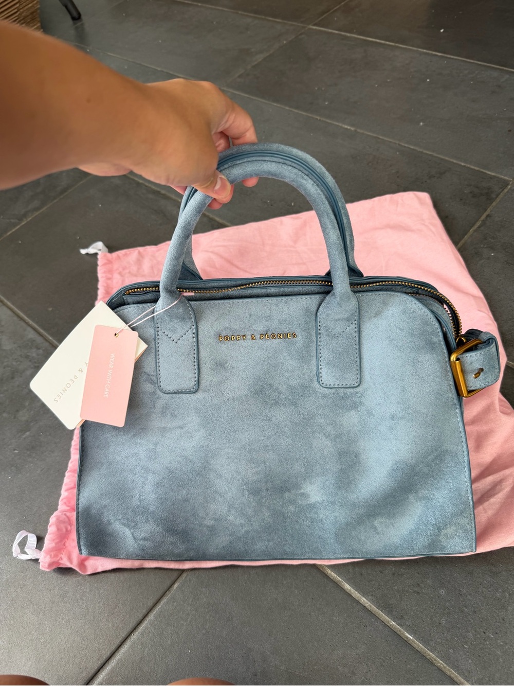Poppy & Peonies Dusty Blue Suede Tote Satchel